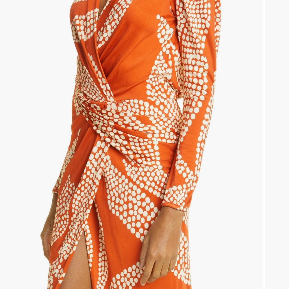 Johanna Ortiz Orange Printed Knot-Front Long Sleeve Midi Dress - Picture 3 of 5